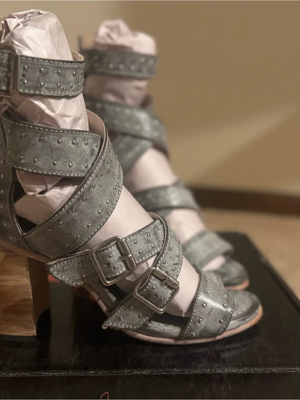 freebird Tanica Ice Strappy Studded Heels in Ice Gray
